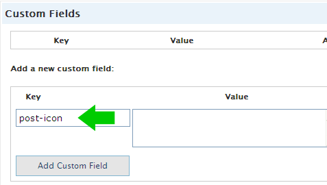[ Screenshot: 'post-icon' value entered in 'Key' field ]