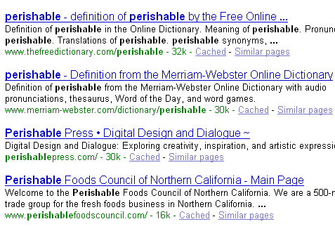 Google search results for 'Perishable'
