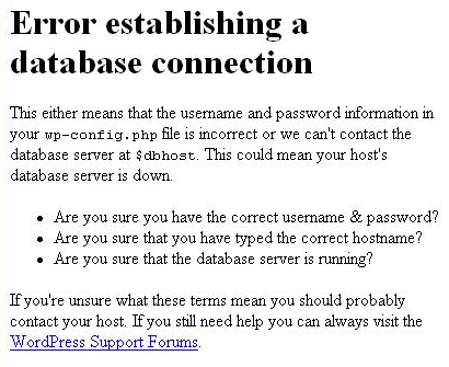 [ Screenshot: WP Default Database Error Page ]