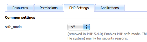 [ Screenshot: PHP Safe Mode in Plesk (Off) ]