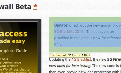 [ Screenshot: Div sitting next to floated image (via Inspect Element) ]