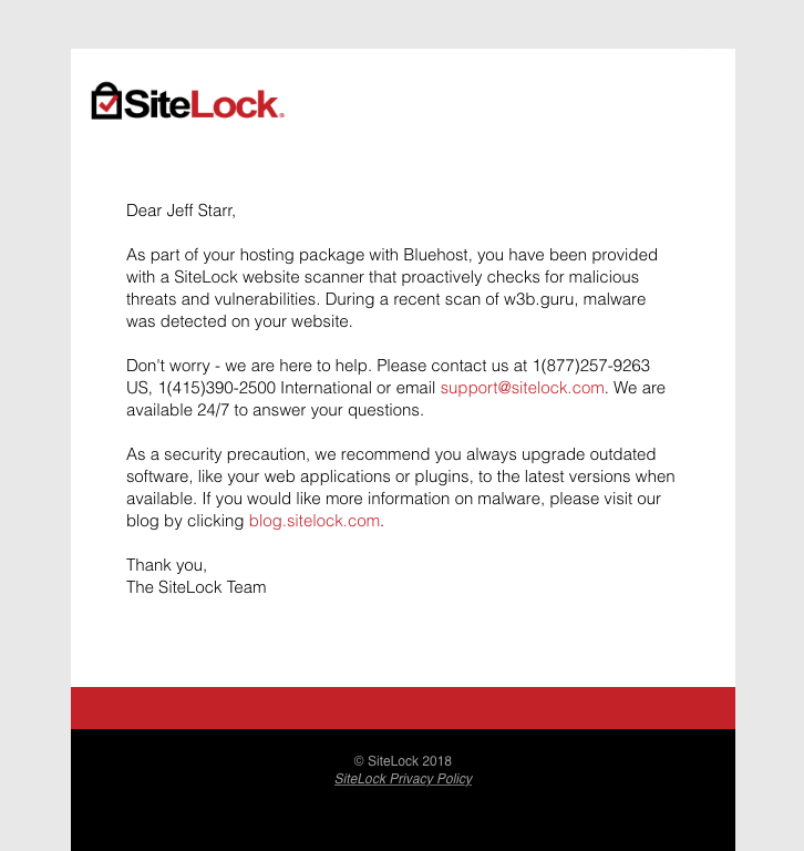[ Bluehost Sitelock email ]