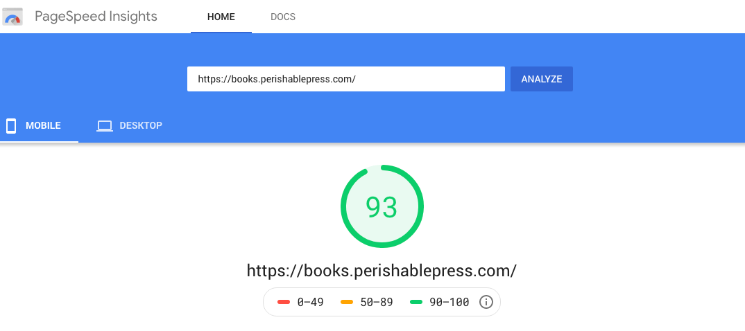 [ Bookstore performance results at Google PageSpeed (mobile) ]