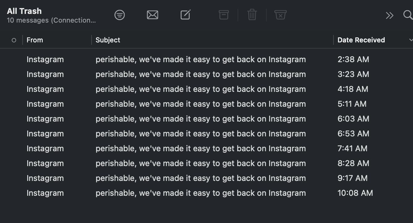 Screenshot of Instagram email spam