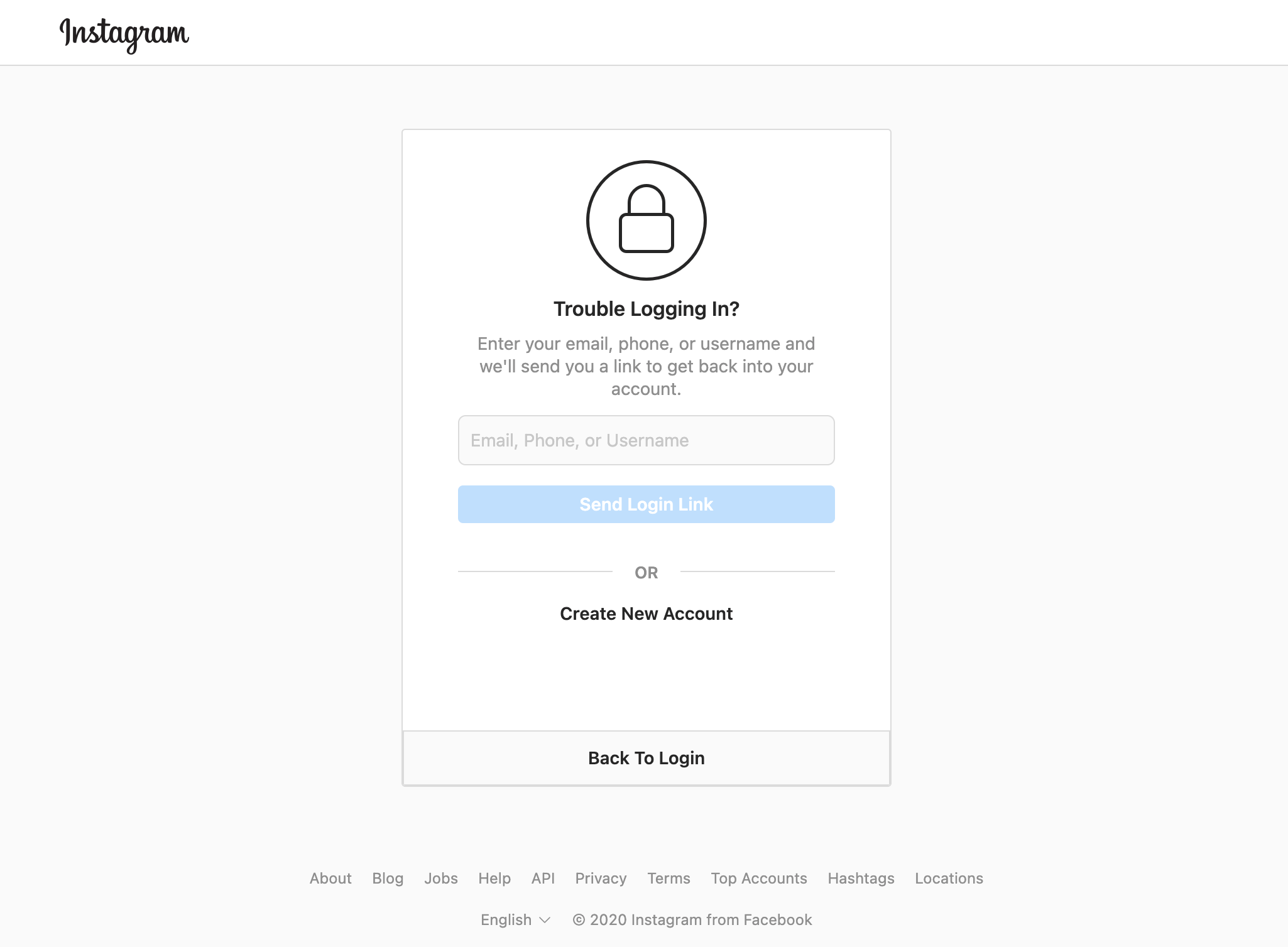 Screenshot of Instagram Forgot Password page