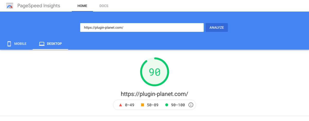 Performance results at Google Pagespeed