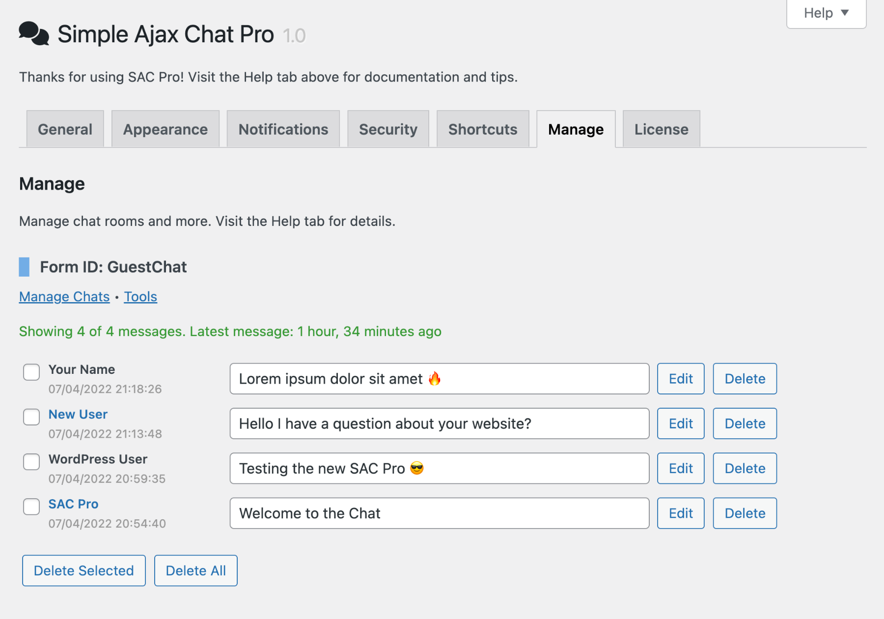 Screenshot of manage-chats screen