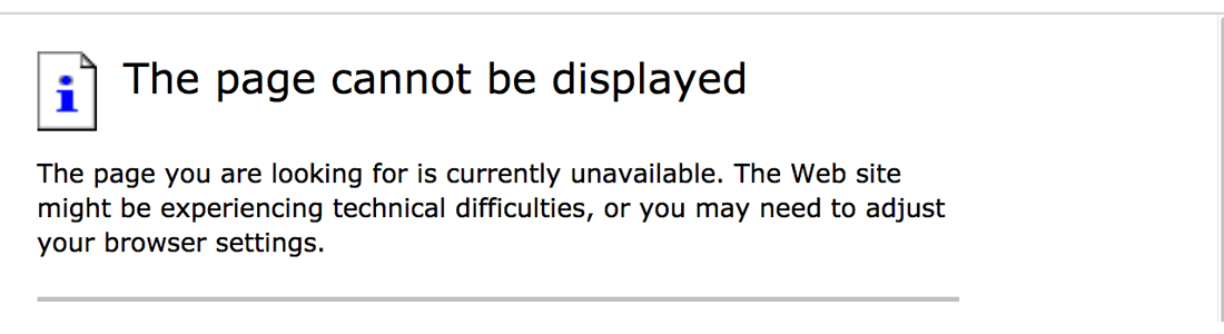 Screenshot: default IE 404 error page